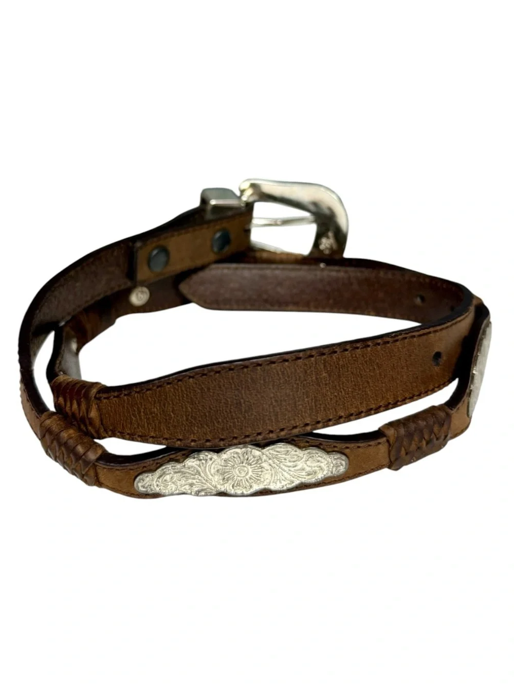 Resistol Brown Leather Western Concho Belt Engraved Silver Buckle Medium